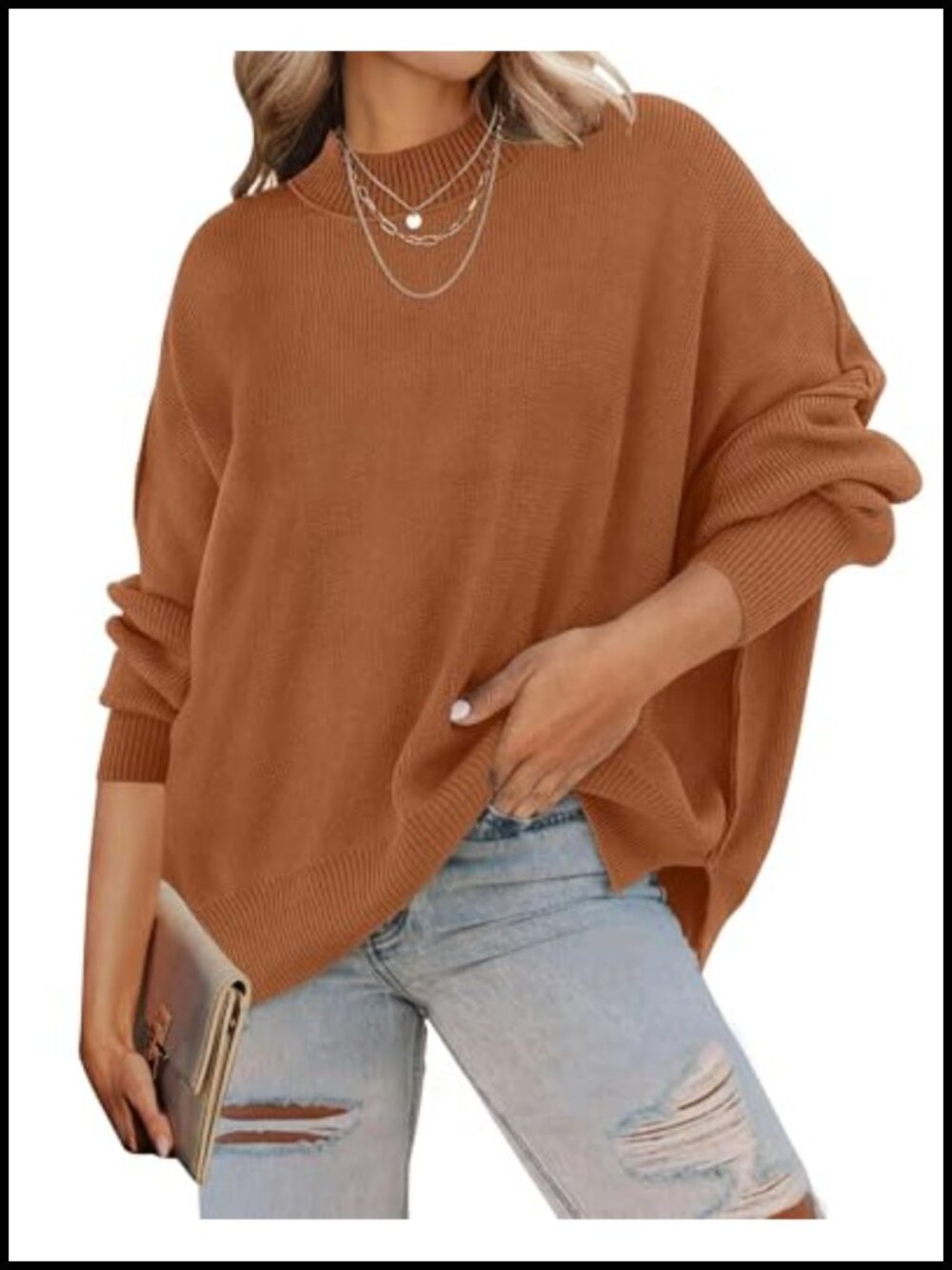 Oversized Striped Ribbed Knit Batwing Sleeve Tunic Sweater Pullover